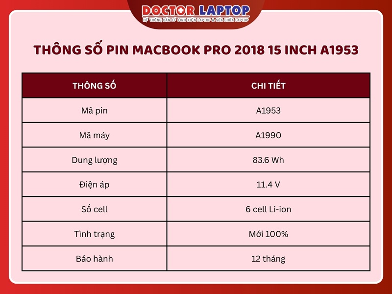 Pin macbook pro 2018 15 inch a1953 - 2