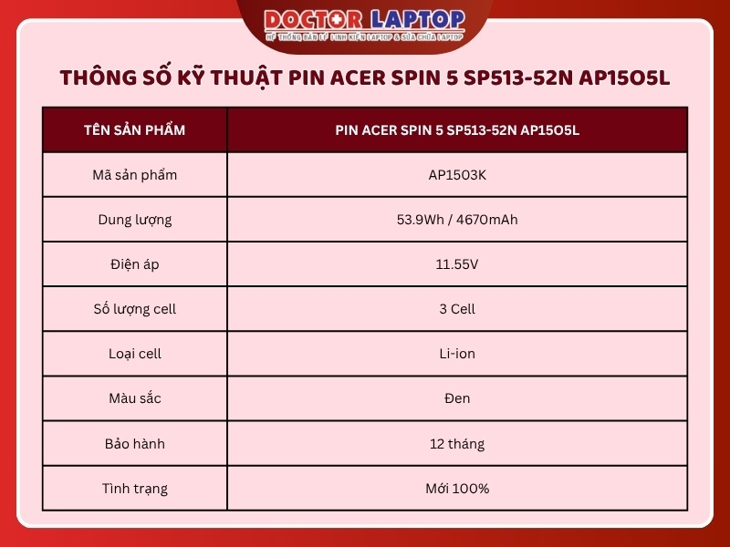 Pin acer spin 5 sp513-52n ap15o5l - 1