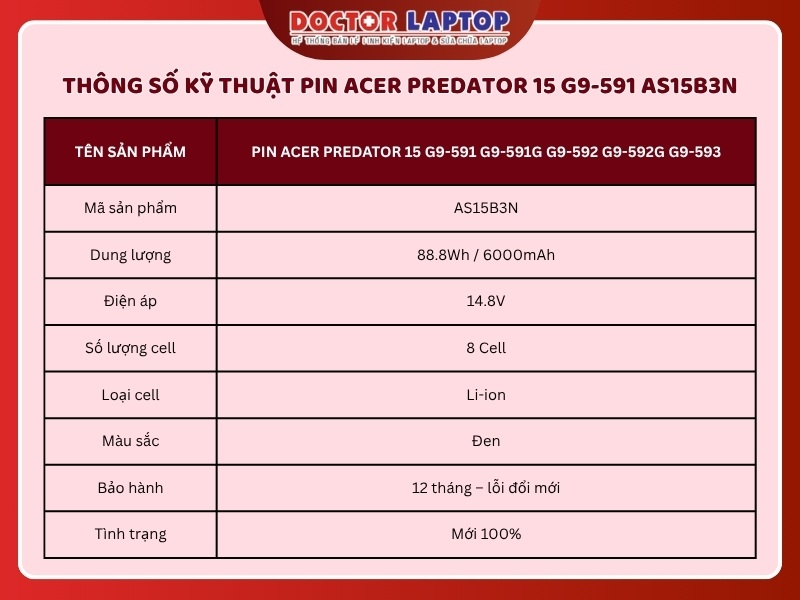 Pin acer predator 15 g9-591 g9-591g g9-592 g9-592g g9-593 as15b3n - 1