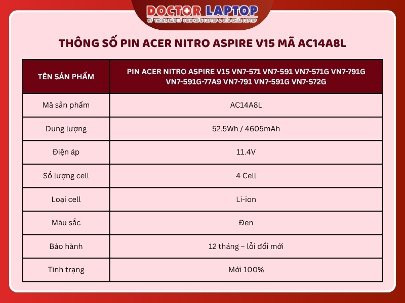 Pin acer nitro aspire v15 vn7-571 vn7-591 vn7-571g vn7-791g vn7-591g-77a9 vn7-791 vn7-591g vn7-572g ac14a8l - 1