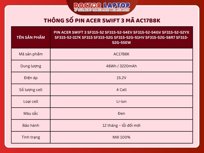 Pin acer swift 3 sf315-52 sf315-52-54ev sf315-52-54gv sf315-52-52yx sf315-52-317k sf315 sf315-52g sf315-52g-51hv sf315-52g-58r7 sf315-52g-55ew ac17b8k - 1