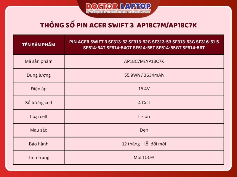 Pin acer swift 3 sf313-52 sf313-52g sf313-53 sf313-53g sf316-51 5 sf514-54t sf514-54gt sf514-55t sf514-55gt sf514-56t ap18c7m - 1