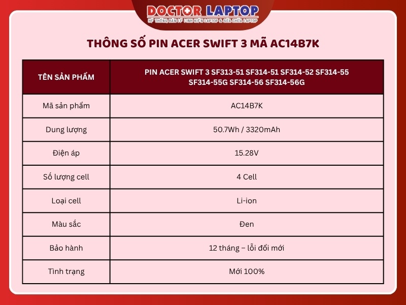 Pin acer swift 3 sf313-51 sf314-51 sf314-52 sf314-55 sf314-55g sf314-56 sf314-56g ac14b7k - 1