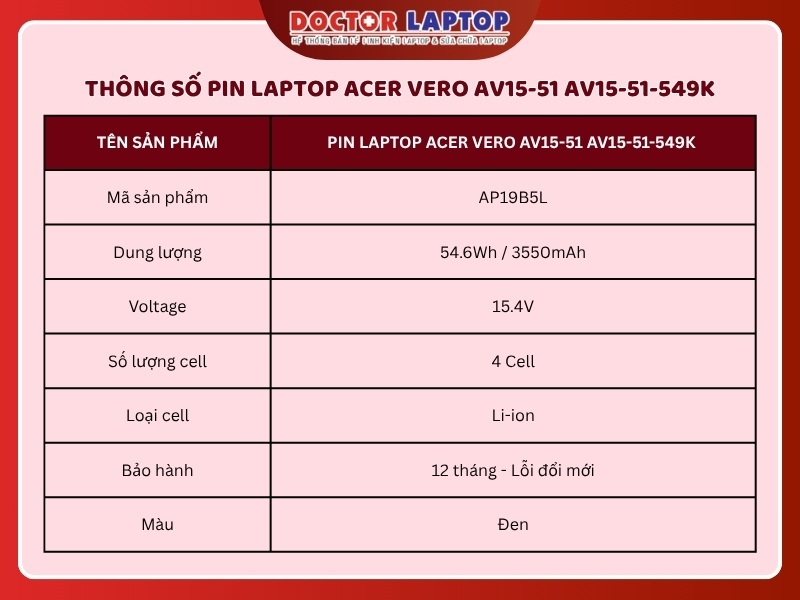 Pin laptop acer vero av15-51 av15-51-549k - 1