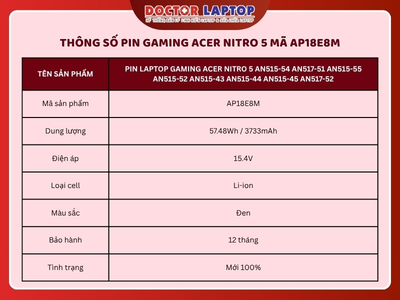 Pin laptop gaming acer nitro 5 an515-54 an517-51 an515-55 an515-52 an515-43 an515-44 an515-45 an517-52 ap18e8m - 1