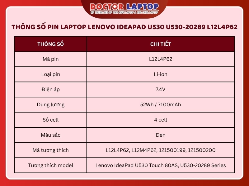 Pin laptop lenovo ideapad u530 u530-20289 l12l4p62 - 2