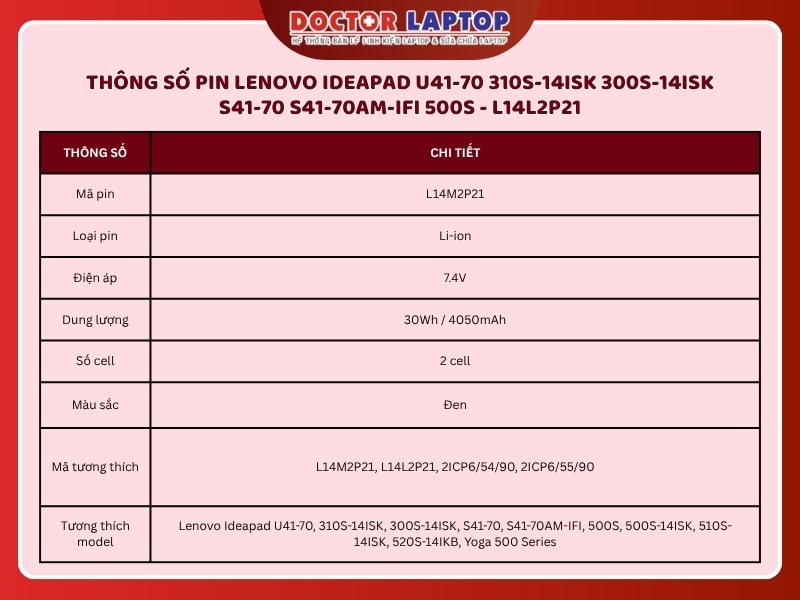 Pin lenovo ideapad u41-70 310s-14isk 300s-14isk s41-70 s41-70am-ifi 500s l14l2p21 - 2