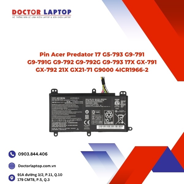 Pin Acer Predator 17 G5-793 G9-791 G9-791G G9-792 G9-792G G9-793 17X GX-791 GX-792 21X GX21-71 G9000 4ICR1966-2