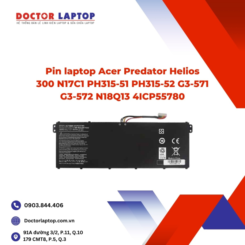 Pin laptop Acer Predator Helios 300 N17C1 PH315-51 PH315-52 G3-571 G3-572 N18Q13 4ICP55780